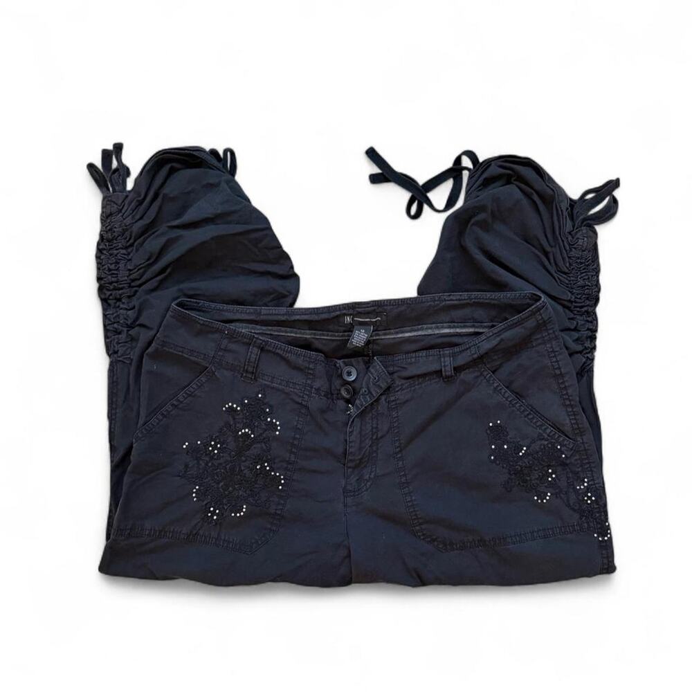 INC International Concepts Black capri pants with rhinestone floral embroidery